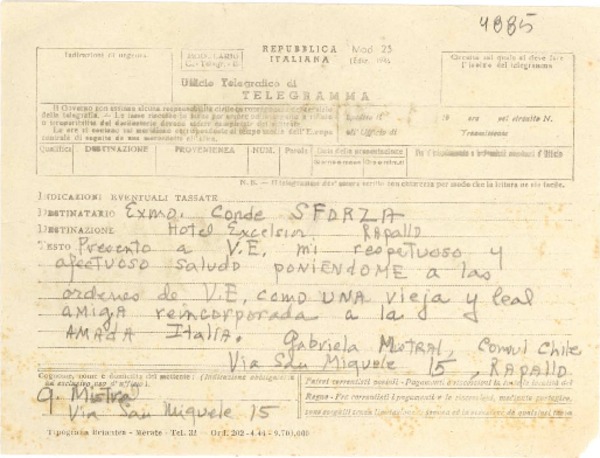 [Telegrama] [1951], Rapallo [a] Conde Sforza, Rapallo