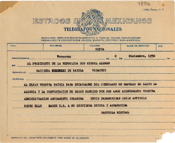 [Telegrama] 1950 dic. 2, Veracruz [a] Miguel Alemán