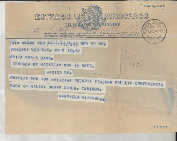 [Telegrama] 1948 dic. 29, Orizaba, México [a] Doris Dana, México D. F.