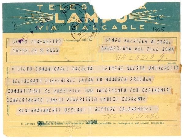 [Telegrama] 1946 feb. 9, Fiorenze, [Italie] [a] Gabriela Mistral, Roma, [Italie]