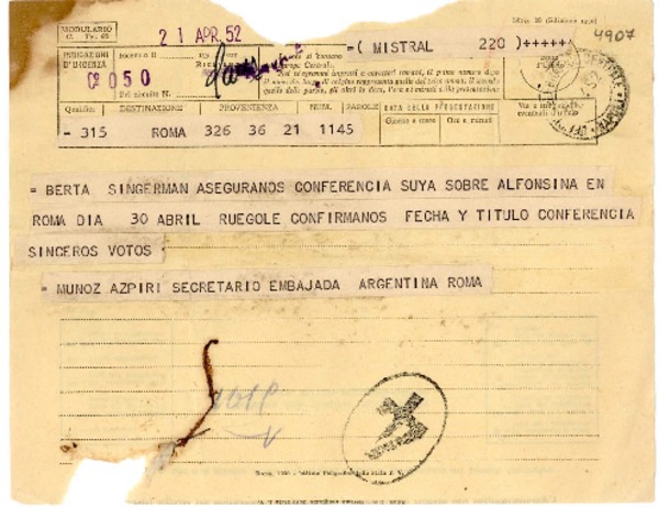 [Telegrama] 1952 abr. 21, Roma [a] Gabriela Mistral, Nápoles