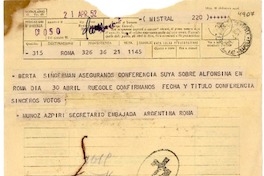 [Telegrama] 1952 abr. 21, Roma [a] Gabriela Mistral, Nápoles