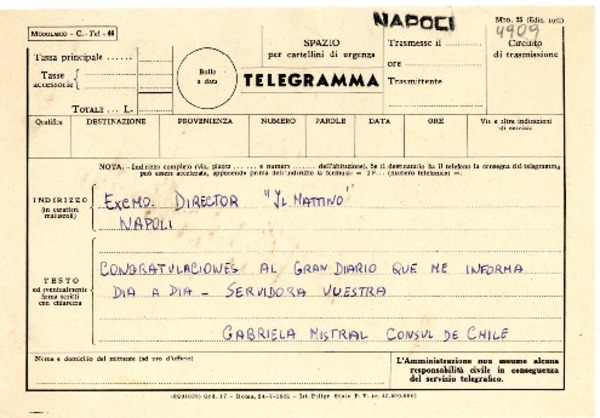 [Telegrama] [1952], Nápoles [a] Director de "Il Mattino", Nápoles