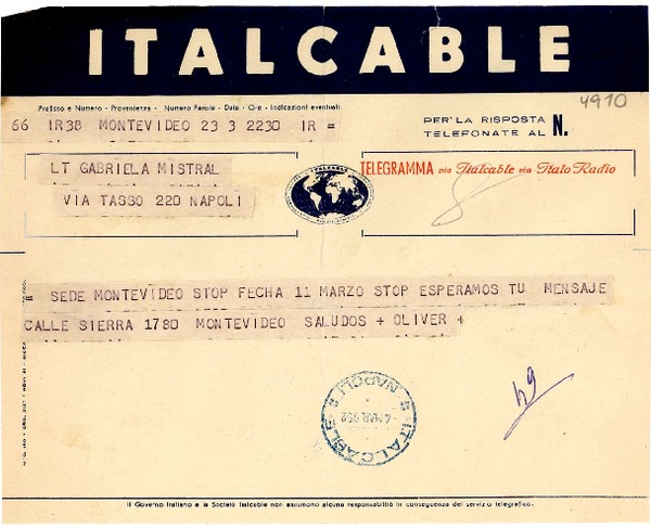 [Telegrama] 1952 mar. 4, Montevideo [a] Gabriela Mistral, Nápoles