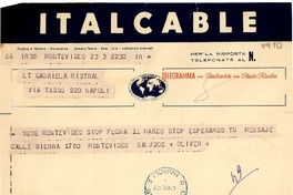 [Telegrama] 1952 mar. 4, Montevideo [a] Gabriela Mistral, Nápoles