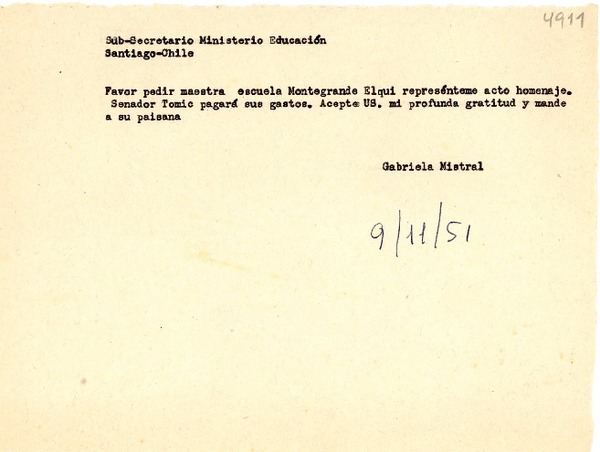 [Telegrama] 1951 nov. 9 [a] Subsecretario Ministerio de Educación de Chile