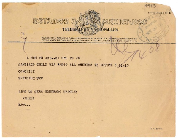 [Telegrama] 1950 nov. 23, Santiago, Chile [a] Gabriela Mistral, Veracruz