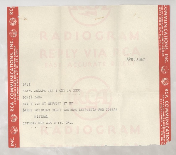 [Telegrama] 1949 abr. 15, Veracruz, México [a] Doris Dana, New York