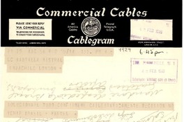 [Telegrama] 1946 feb. 4, Brasil [a] Gabriela Mistral, EmbaChile, London, [England]