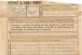 [Telegrama] 1945 nov. 16, Bahía Blanca, Argentina [a] Gabriela Mistral, Petrópolis
