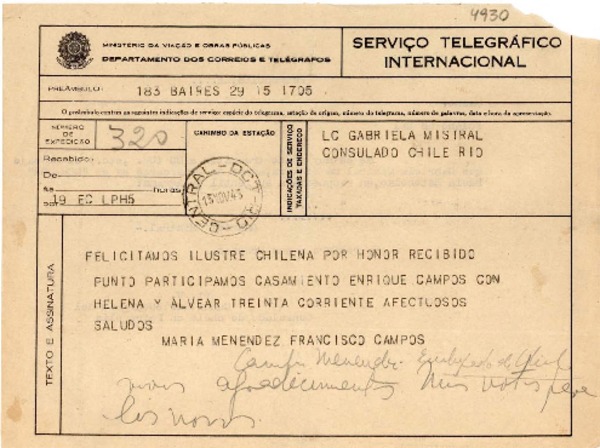 [Telegrama] 1945 nov. 15, Buenos Aires [a] Gabriela Mistral, Rio [de Janeiro]