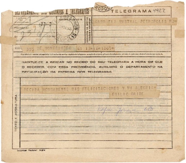 [Telegrama] 1945 nov. 16, Montevideo [a] Gabriela Mistral, Petrópolis