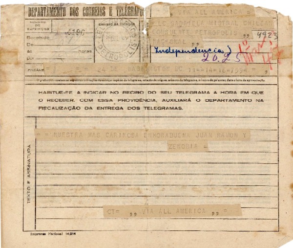 [Telegrama] 1945 dic. 17, Washington D.C. [a] Gabriela Mistral, Petrópolis