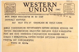 [Telegrama] 1946 jul. 12, Washington D.C., [EE.UU.] [a] Gabriela Mistral, Los Angeles, [EE.UU.]
