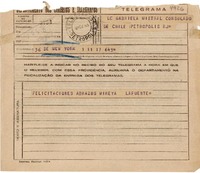 [Telegrama] 1945 nov. 18, New York [a] Gabriela Mistral, Petrópolis