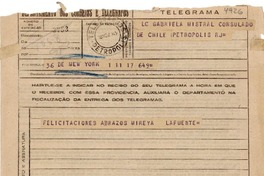 [Telegrama] 1945 nov. 18, New York [a] Gabriela Mistral, Petrópolis
