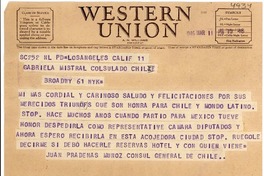 [Telegrama] 1948 mar. 11, Los Angeles, Calif., [EE.UU.] [a] Gabriela Mistral, New York, [EE.UU.]