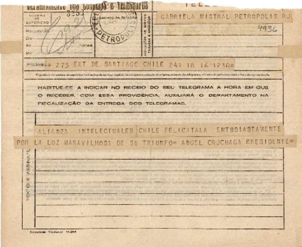 [Telegrama] [1945] nov. 16, Santiago, Chile [a] Gabriela Mistral, Petropolis, RJ, [Brasil]