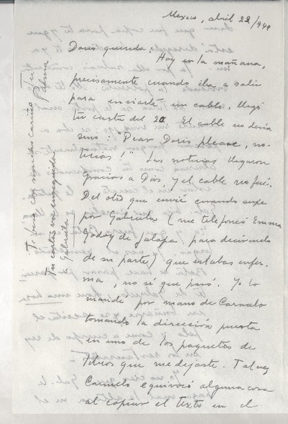 [Carta] 1949 abr. 22, México D. F. [a] Doris Dana, New York