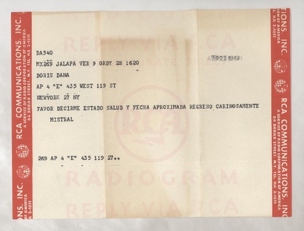[Telegrama] 1949 abr. 9, Veracruz, México [a] Doris Dana, New York