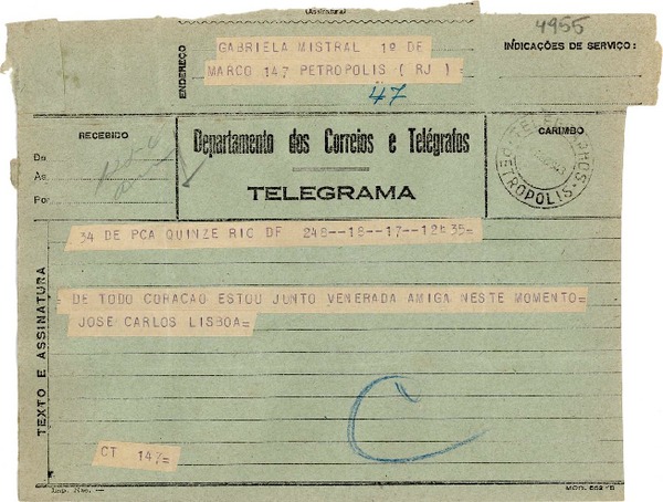 [Telegrama] 1943 ago. 17, Río de Janeiro [a] Gabriela Mistral, Petrópolis