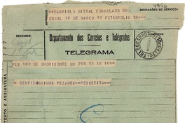 [Telegrama] 1943 ago. 18, Belo Horizonte [a] Gabriela Mistral, Petrópolis