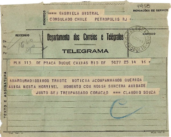 [Telegrama] 1943 ago. 14, Río de Janeiro [a] Gabriela Mistral, Petrópolis