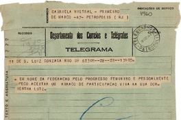 [Telegrama] 1943 ago. 28, Río de Janeiro [a] Gabriela Mistral, Petrópolis