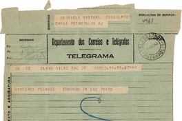 [Telegrama] 1943 ago. 18, Río de Janeiro [a] Gabriela Mistral, Petrópolis