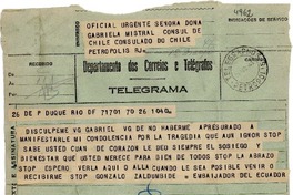 [Telegrama] 1943 ago. 26, Río de Janeiro [a] Gabriela Mistral, Petrópolis
