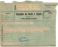 [Telegrama] 1943 ago. 20, B Horizonte, [Brasil] [a] Gabriela Minstral [i.e. Mistral], Petrópolis, RJ, [Brasil]