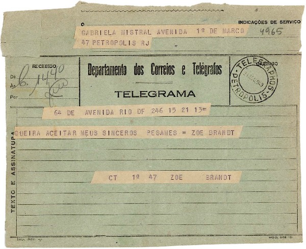 [Telegrama] 1943 ago. 21, Río de Janeiro [a] Gabriela Mistral, Petrópolis