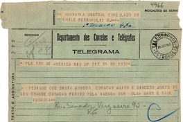 [Telegrama] 1943 ago. 20, Río de Janeiro [a] Gabriela Mistral, Petrópolis