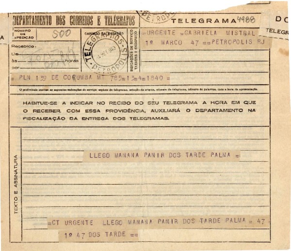 [Telegrama] 1943 sept. 4, Corumbá [Brasil] [a] Gabriela Mistral, Petrópolis