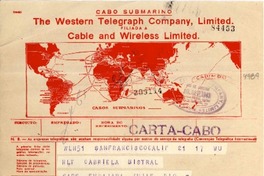 [Telegrama] 1943 sept. 18, San Francisco, California [a] Gabriela Mistral, Río de Janeiro