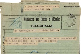 [Telegrama] 1943 ago. 16, Petrópolis [a] Gabriela Mistral, Petrópolis