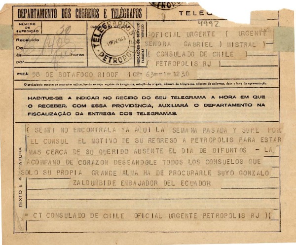 [Telegrama] 1943 nov. 1, Río de Janeiro [a] Gabriela Mistral, Petrópolis
