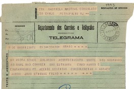[Telegrama] 1943 ago. 20, Belo Horizonte [a] Gabriela Mistral, Petrópolis