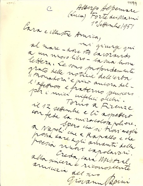 [Carta] 1951 sept. 1, Lucca, [Italia] [a] Gabriela Mistral