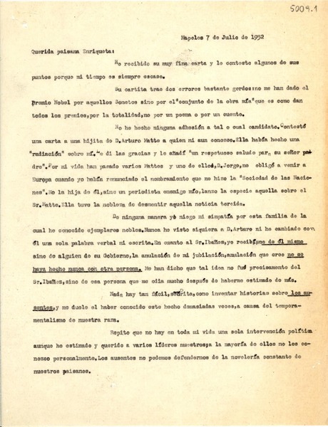 [Carta] 1952 jul. 7, Nápoles, [Italia] [a] Enriqueta