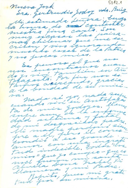 [Carta] [1946?], New York, [EE.UU.] [a] Gertrudis Godoy vda. de Ruíz