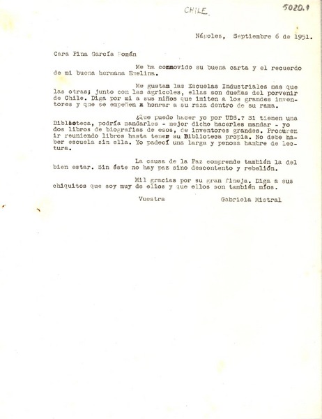 [Carta] 1951 sept. 6, Nápoles, [Italia] [a] Pina García Román, [Chile]