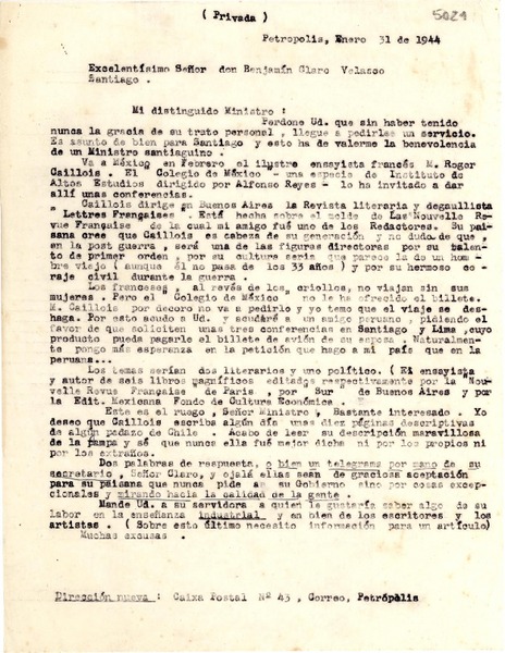 [Carta] 1944 ene. 31, Petrópolis, [Brasil] [a] Benjamín Claro Velasco, Santiago, [Chile]