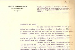 [Carta] [1948?] , [Santiago, Chile?] [a la] , Dirección y Asociación de Padres del Liceo de Experimentación Gabriela Mistral, [Santiago, Chile]