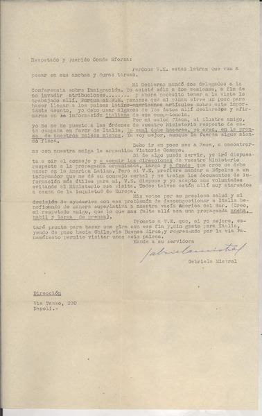 [Carta] [1950-1952?] Napoli [a] Conde Sforza