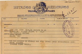 [Telegrama] 1949 sept. 4, México D.F [a] Gabriela Mistral, Jalapa, Veracruz