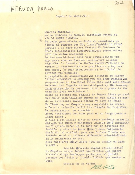 [Carta] 1952 abr. 7, Capri, [Italia] [a] Gabriela Mistral