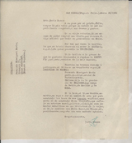 [Carta] 1960 mar. 20, Santiago de Chile [a] Doris Dana