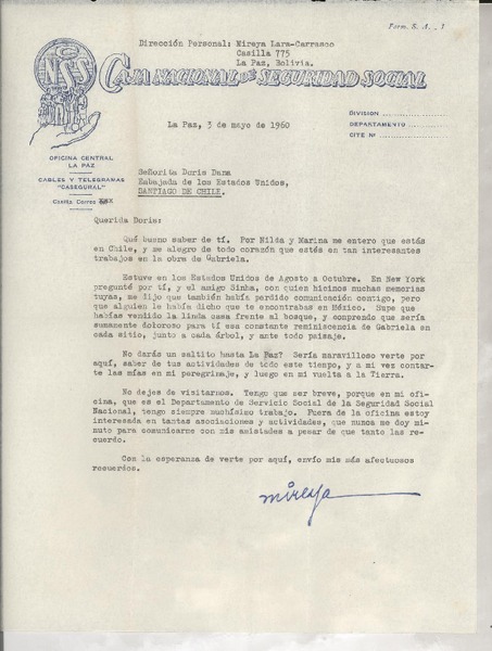 [Carta] 1960 mayo 3, La Paz, Bolivia [a] Doris Dana, Santiago de Chile