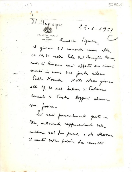 [Carta] 1951 ene. 22, Genova, [Italia] [a] [Gabriela Mistral]